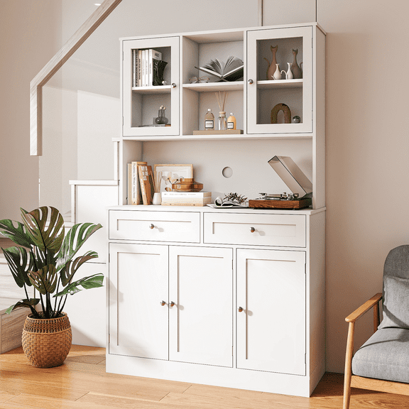 Flictozena 68" Large Freestanding Pantry Cabinet - Tall Kitchen Storage Cupboard with Glass Door & Adjustable Shelves, Microwave Stand Organizer for Living Room, Dining Room, White