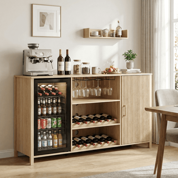 Flictozena 70" Large Coffee Bar Cabinet, Mini Fridge Cabinet with Power Outlet, Wine Bar & Buffet Sideboard with Adjustable Shelf Glass Holder for Kitchen and Dining Room, Beige