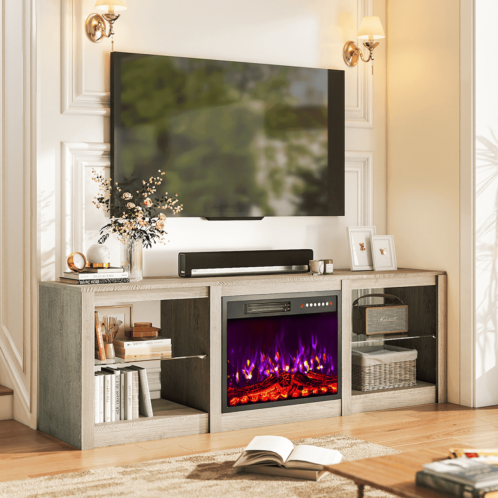 Flictozena 70" Modern Fireplace TV Stand with LED Lights & Adjustable Glass Shelves – Entertainment Center for Up to 80" TVs – Media Console for Living Room & Bedroom, Gray