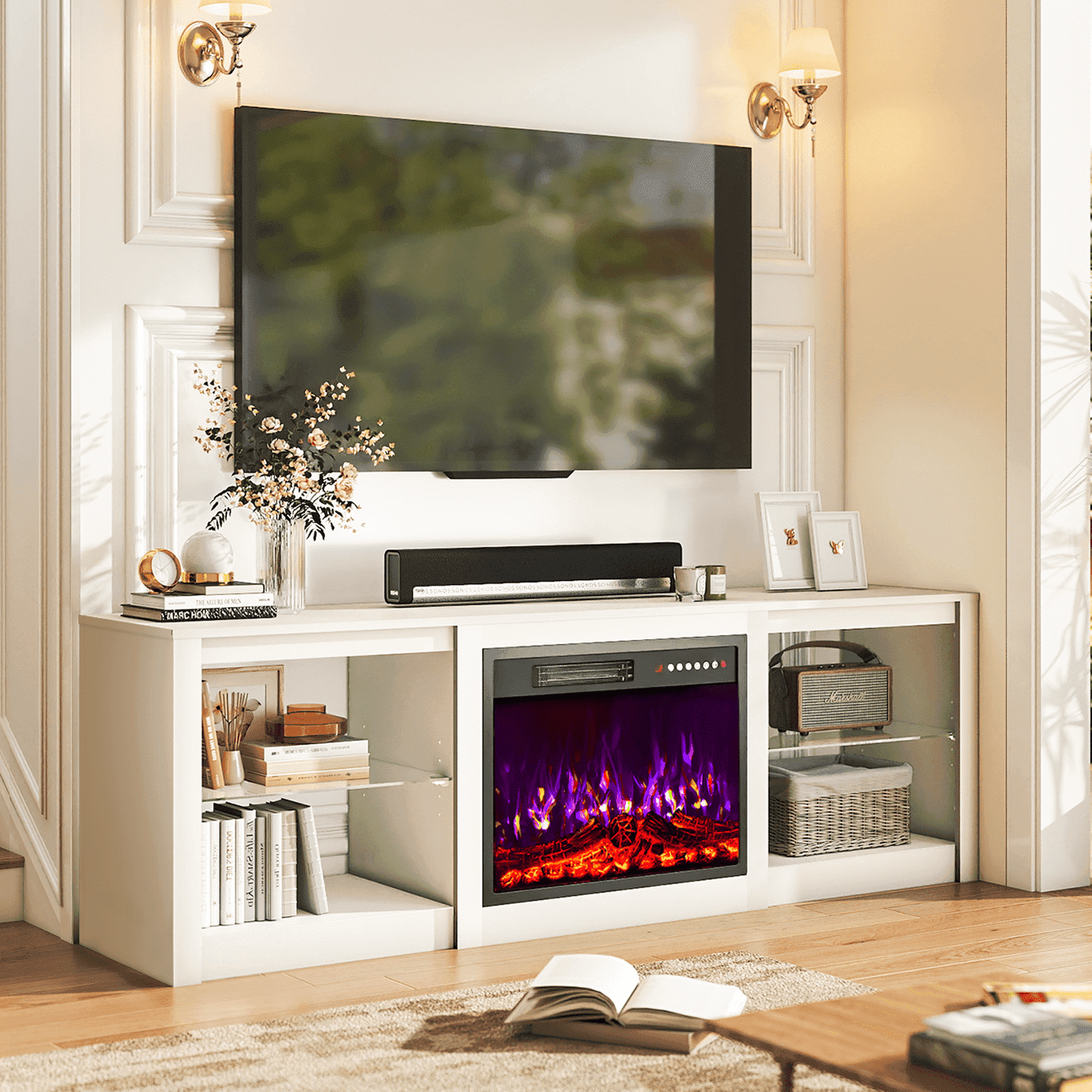 Flictozena 70" Modern Fireplace TV Stand with LED Lights & Adjustable Glass Shelves – Entertainment Center for Up to 80" TVs – Media Console for Living Room & Bedroom, White