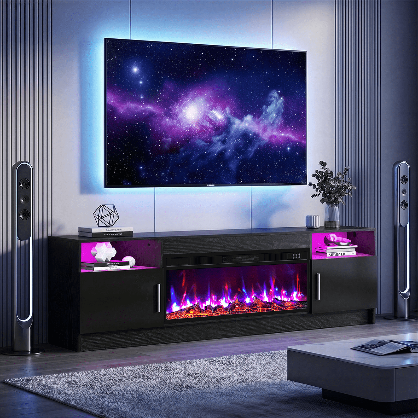Flictozena 70" TV Stand with 36-Inch Electric Fireplace, Adjustable LED Lights & Storage | Fits TVs Up to 80 Inches | Modern Entertainment Center with Glossy Black Doors