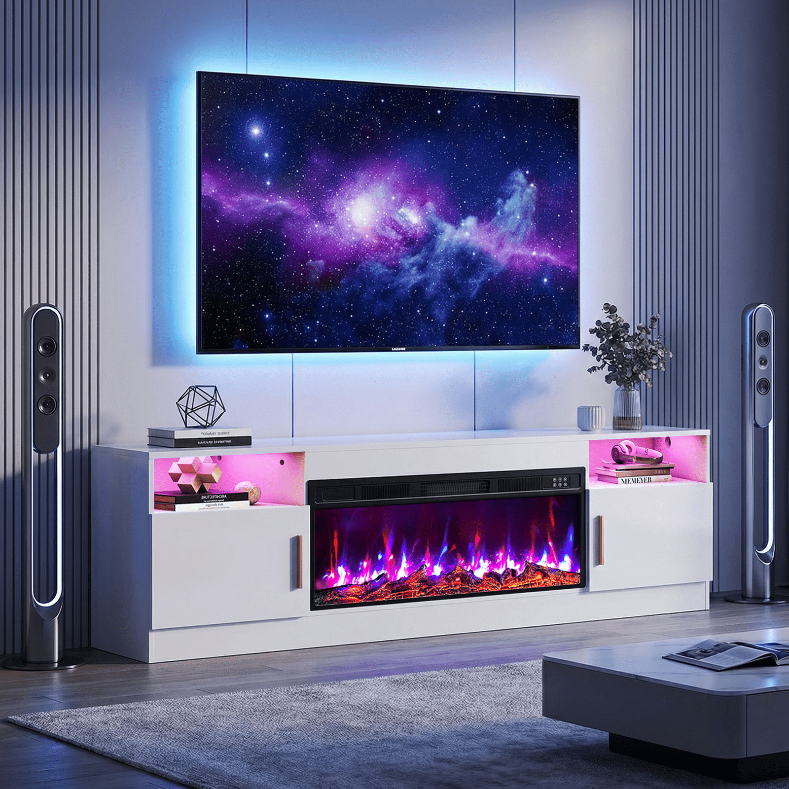 Flictozena 70" TV Stand with 36-Inch Electric Fireplace, Adjustable LED Lights & Storage | Fits TVs Up to 80 Inches | Modern Entertainment Center with Glossy White Doors