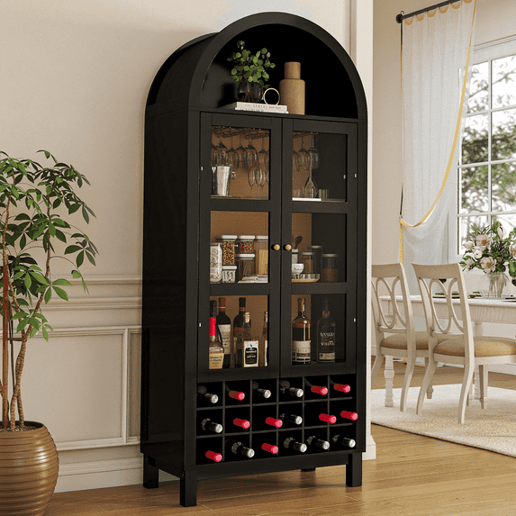 Flictozena 70" Tall Bar Cabinet, Arched Farmhouse Whiskey Station with Glass Doors, Wine Rack & Glasses Holder, Liquor Cabinet for Kitchen, Living Room, or Dining Room, Black