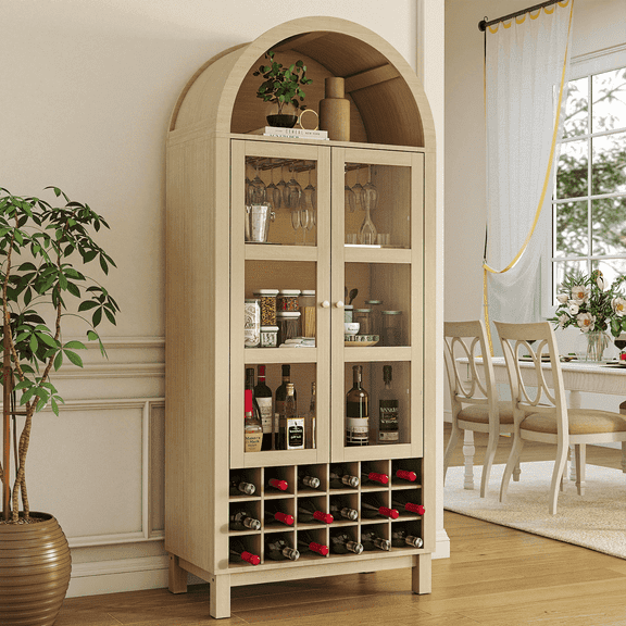 Flictozena 70" Tall Bar Cabinet, Arched Farmhouse Whiskey Station with Glass Doors, Wine Rack & Glasses Holder, Liquor Cabinet for Kitchen, Living Room, or Dining Room, Light Oak