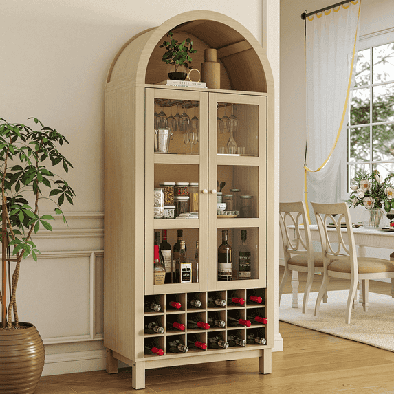 Flictozena 70" Tall Bar Cabinet, Arched Farmhouse Whiskey Station with Glass Doors, Wine Rack & Glasses Holder, Liquor Cabinet for Kitchen, Living Room, or Dining Room, Light Oak