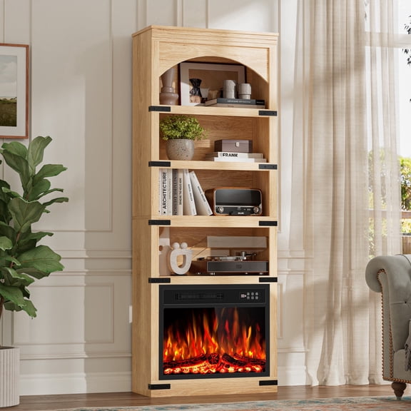 Flictozena 70" Tall Wooden Bookshelf with Electric Fireplace, Modern Storage Accent Bookshelf with Remote Control, Timer, Realistic Flame, for Home, Office, Living Room, Walnut