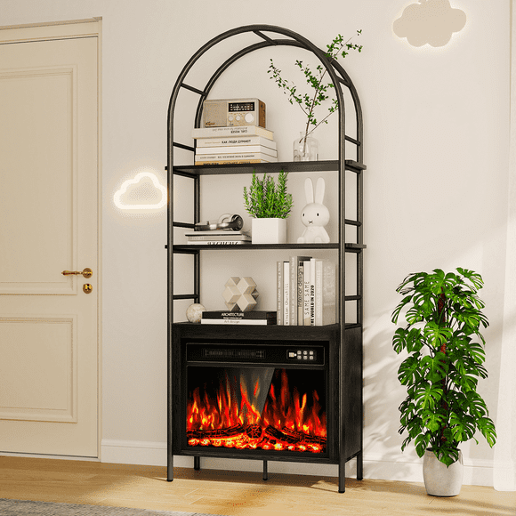 Flictozena 72" Tall Arched Bookshelf with Electric Fireplace, Modern Storage Accent Bookshelf with Remote Control, Timer, Realistic Flame, for Home, Office, Living Room, Walnut