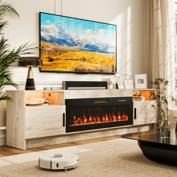 Flictozena 80" TV Stand with Fireplace and LED Lights - Entertainment Center for 90 inch TVs, Modern TV Cabinet with High-Gloss Storage Doors for Living Room, Gray