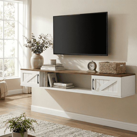 Flictozena Floating TV Stand for TVs Up to 80", Wall Mounted Entertainment Center with Flip Doors & Storage, Farmhouse Style TV Floating Cabinet, for Living Room, White