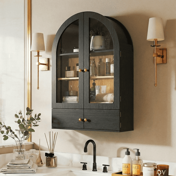 Flictozena Wall Mounted Arched Medicine Cabinet, Bathroom Storage Cabinet with Glass Doors and Adjustable Shelves, Over The Toilet Floating Cabinet for Small Spaces, Black