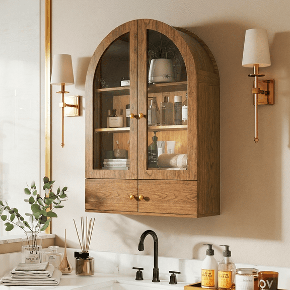 Flictozena Wall Mounted Arched Medicine Cabinet, Bathroom Storage Cabinet with Glass Doors and Adjustable Shelves, Over The Toilet Floating Cabinet for Small Spaces, Brown