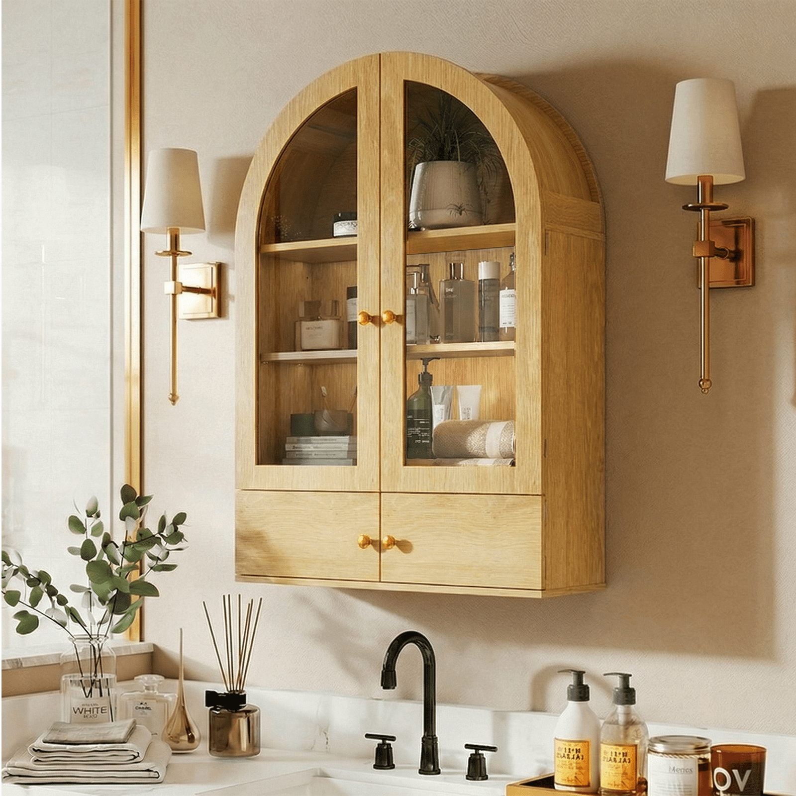 Flictozena Wall Mounted Arched Medicine Cabinet, Bathroom Storage Cabinet with Glass Doors and Adjustable Shelves, Over The Toilet Floating Cabinet for Small Spaces, Natural
