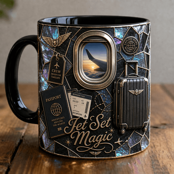 Flight Attendant Mug 3D Effect Airplane Window Passport Suitcase Travel Gift