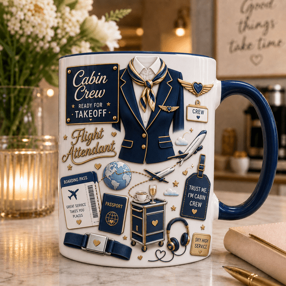 Flight Attendant Mug 3D Effect Cabin Crew Ready for Takeoff Airline Crew Gift