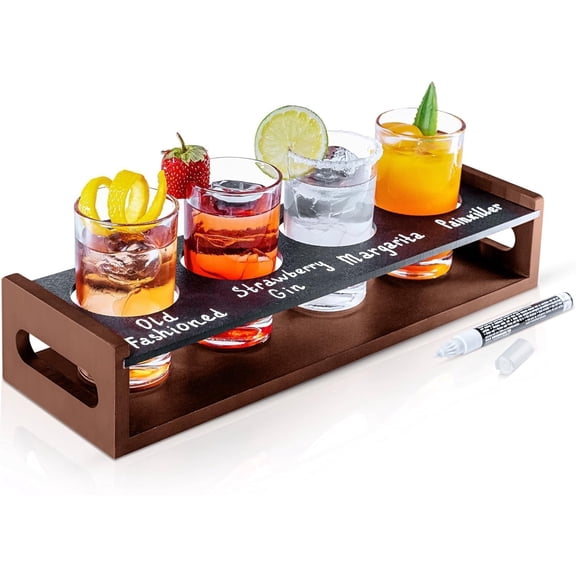 Flight Board with 4 Glasses - Mimosa and Tasting Server | Wood Drink Flight Board with Glasses and Chalkboard for Beer, Mimosa, Margarita, and Whiskey Tasting Flights-Bartesian Ready