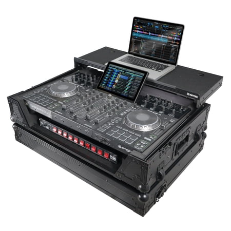 Flight Case for Denon Prime 4 DJ Controller with Sliding Laptop Shelf, 1U Rack Space, and Wheels | Black Finish