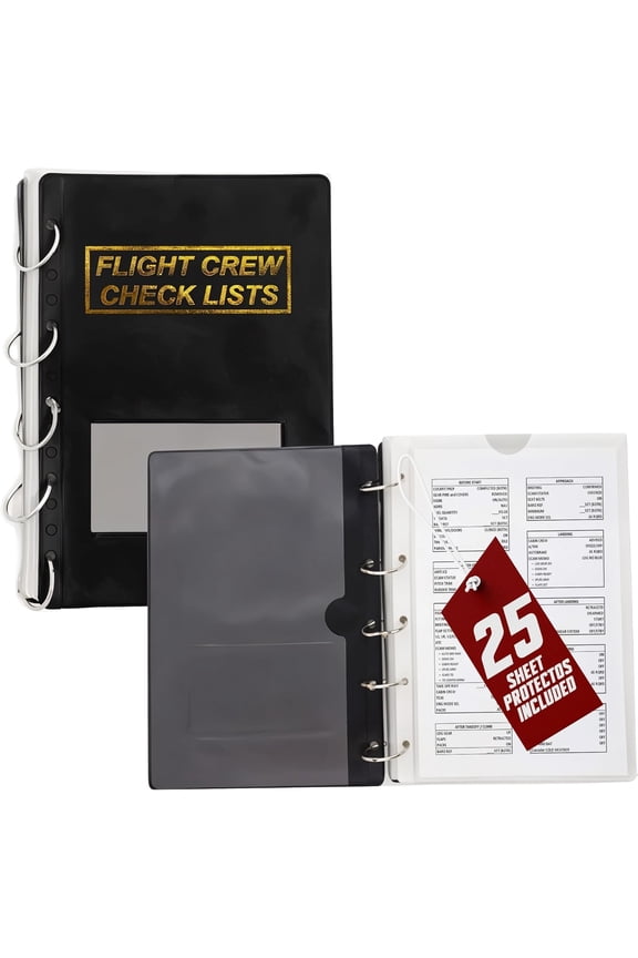 Flight Crew Checklist Binder (Maroon) with 5 Loose Leaf Rings - Includes 25 Sheet Protectors and Business Card Size Pocket ON Front Cover for Label, for 8" X 5" Paper