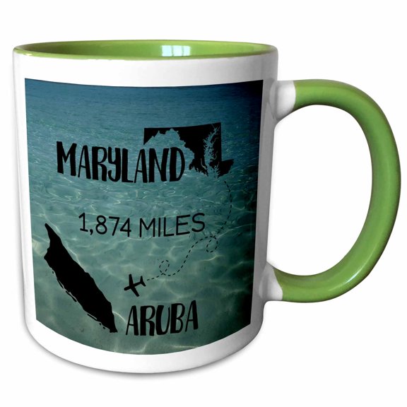 3drose, Flight Distance from Maryland to Aruba on Caribbean Sea Background., 11oz Two-tone Green Mug