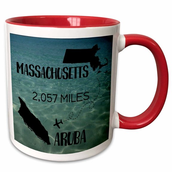 3drose, Flight Distance from Massachusetts to Aruba. Caribbean Sea Background., 11oz Two-tone Red Mug