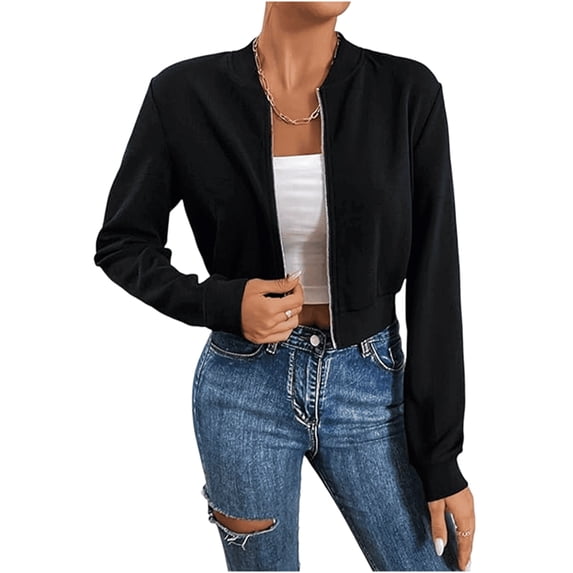 Flight Jacket Women Light-Weight Casual Zip Up Jacket Cropped Long Sleeve Fashion, Fall Black XL