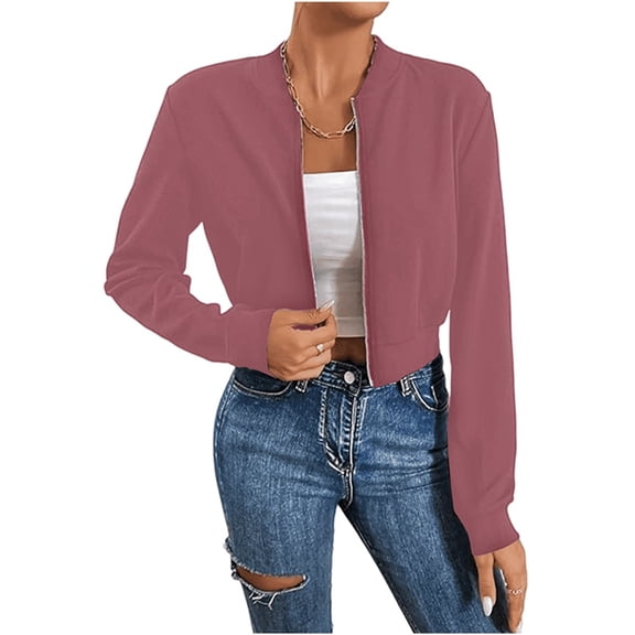 Flight Jacket Women Light-Weight Casual Zip Up Jacket Cropped Long Sleeve Fashion, Fall Pink S