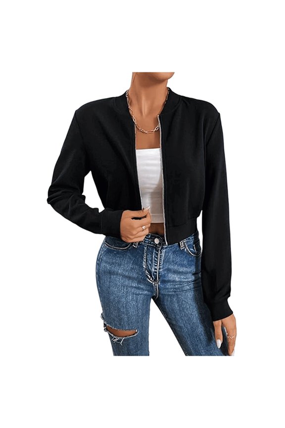 Flight Jacket Women Light-Weight Casual Zip Up Jacket Cropped Long Sleeve Fashion, Fall