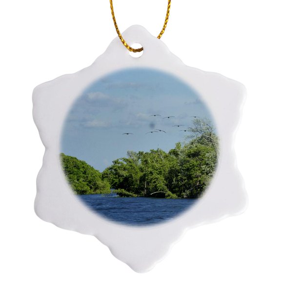 3drose, Flight of Pelicans over Mangroves, 3 inch Snowflake Porcelain Ornament