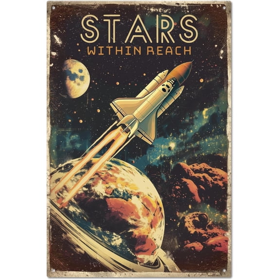 Flight Rocket Space Metal Sign "WITHIN REACH" Retro Universe Planet Tin Signs Wall Poster Plaque for Office Parlor Garage Balcony Wooden Room Home Wall Decor 8x12 Inch