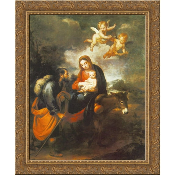 Flight into Egypt 20x23 Gold Ornate Wood Framed Canvas Art by Murillo, Bartolome Esteban