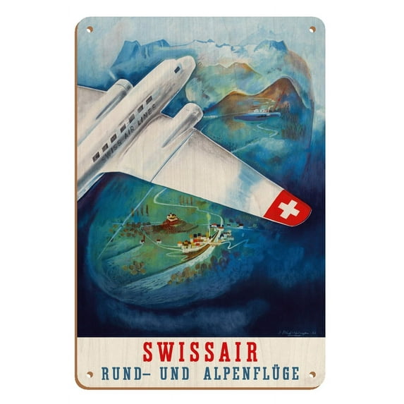 Flights around the Alps (Rund- und Alpenfluge) - Swissair - Vintage Airline Travel Poster by Eugene Häfelfinger c.1937 - 8 x 12 inch Vintage Wood Art Sign
