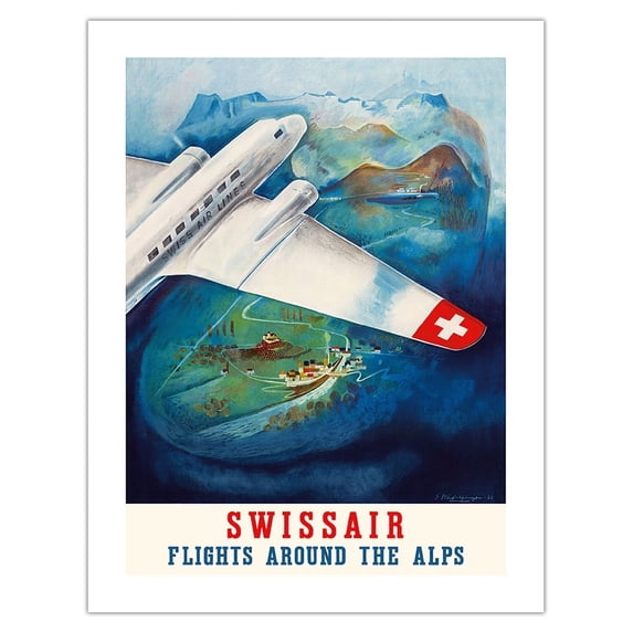Flights around the Alps - Swissair - Vintage Airline Travel Poster by Eugene Häfelfinger c.1937 - Bamboo Fine Art 290gsm Paper (Unframed) 17x22in