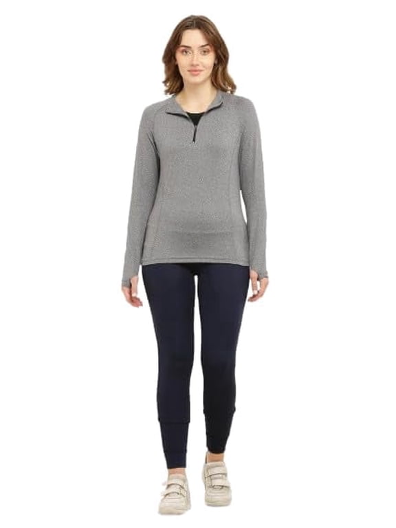 Women's Full Sleeves T-Shirt for Gym, Sports, Yoga, Workout Half Zip Collar Neck Top for Girls | Grey Color (Medium, Grey)