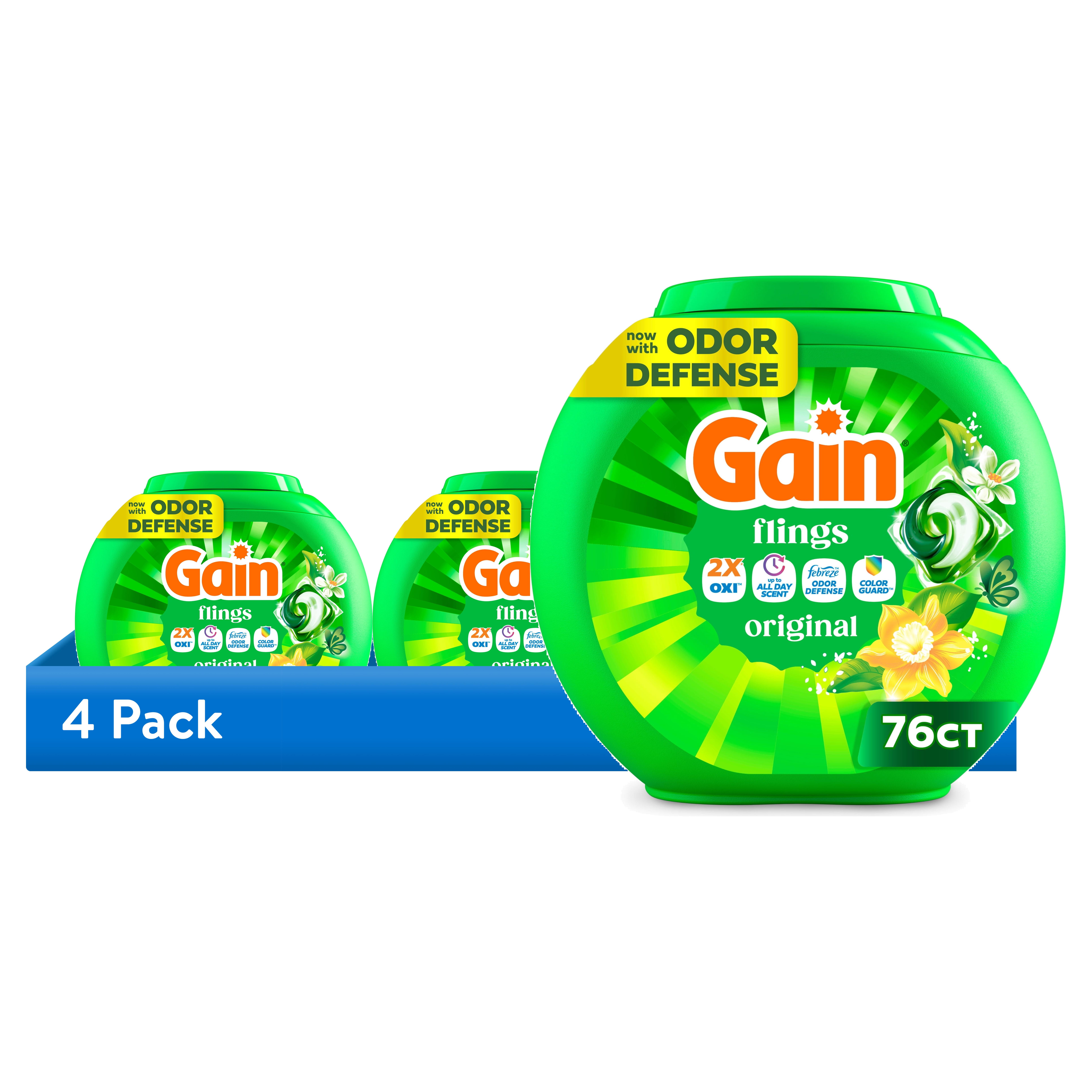 (4 pack) Gain Flings Laundry Detergent Soap Pacs, 3-in-1 Oxi Boost and Febreze, Original Scent, 76 Count