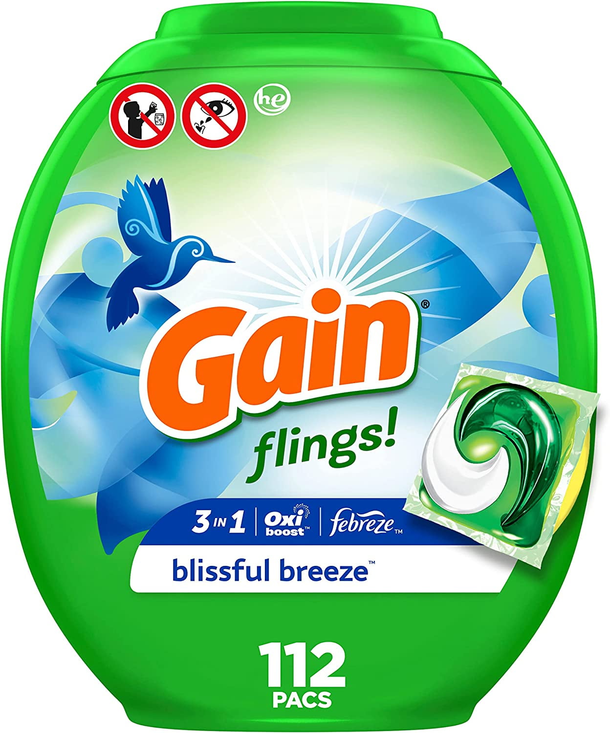 flings! Laundry Detergent Soap Pacs, HE Compatible, 112 ct, Long Lasting Scent, Blissful Breeze