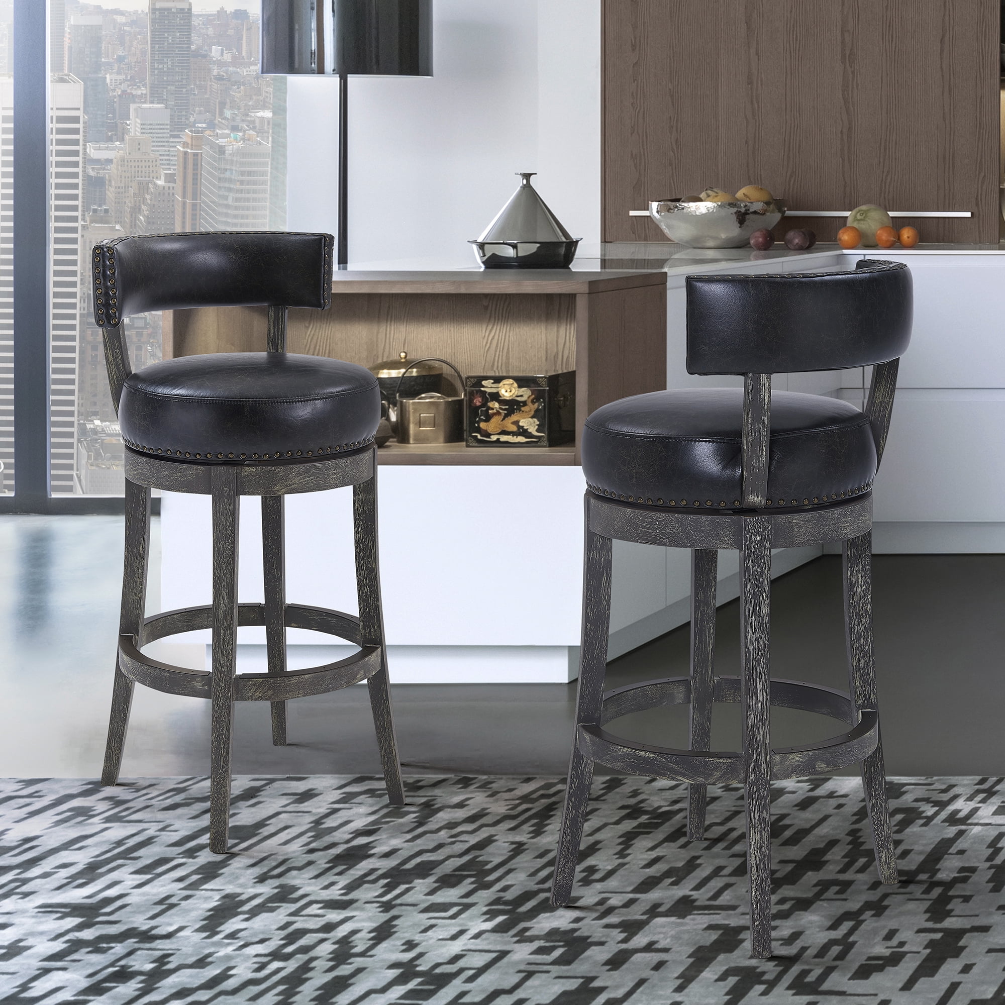 Flint 26" Counter Wood Swivel Height Barstool in American Grey Finish with Onyx Faux Leather