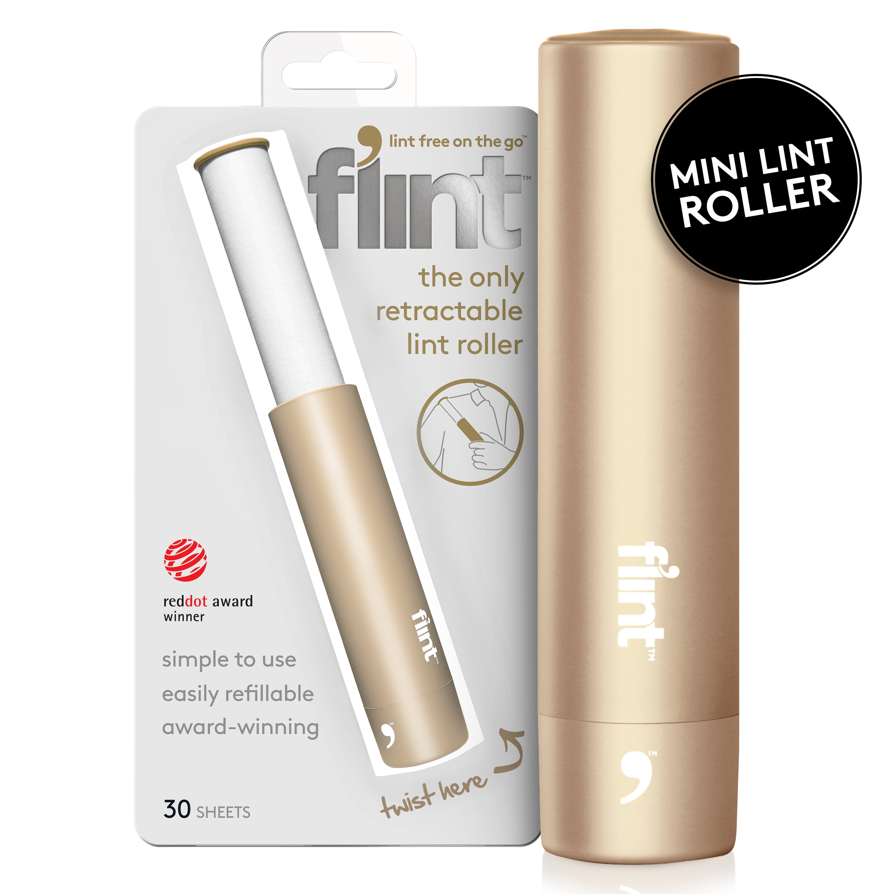 Flint Classic Gold Retractable Mini Lint Roller with 30 Extra