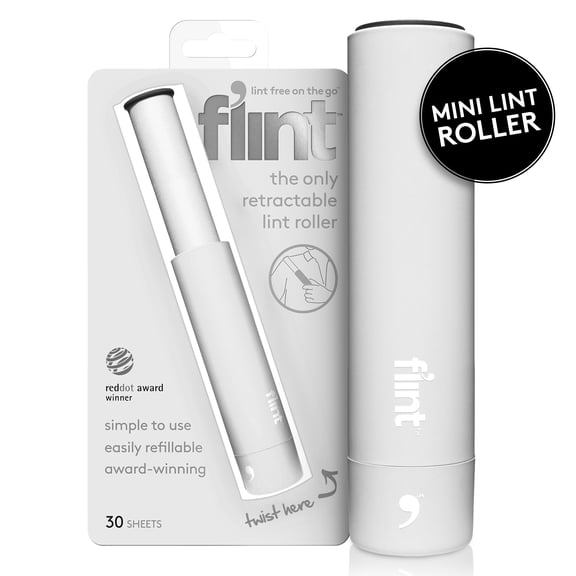 Flint Classic White Retractable Mini Lint Roller with 30 Extra Sticky Sheets, Small and Portable Lint Roller, Ideal Pet Hair Remover Lint Roller, Travel Lint Roller, and Lint Roller for Clothes