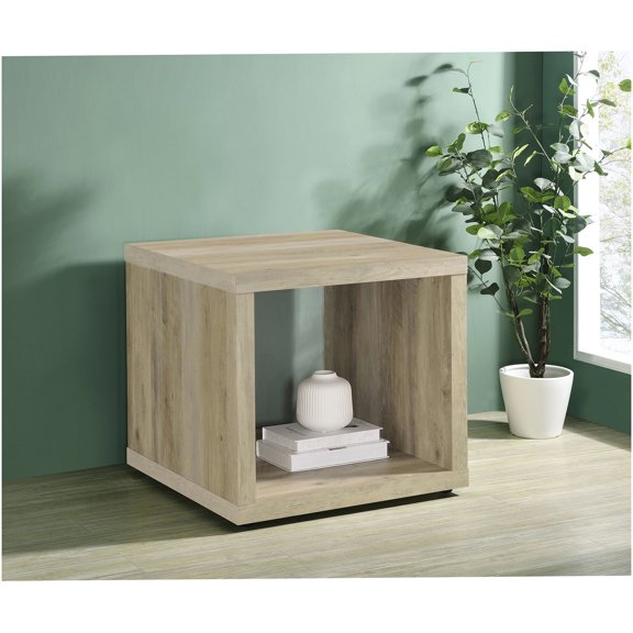 Flint Distressed Beige Square End Table, Farmhouse Nightstand with Rustic Finish for Living Room Bedroom