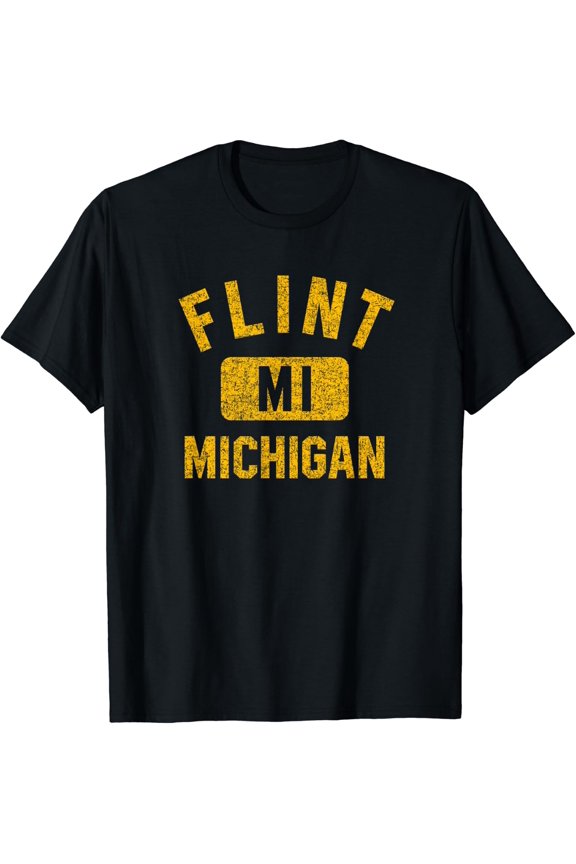 Flint Mi Michigan Gym Style Distressed Amber Print T-Shirt Size S-5XL