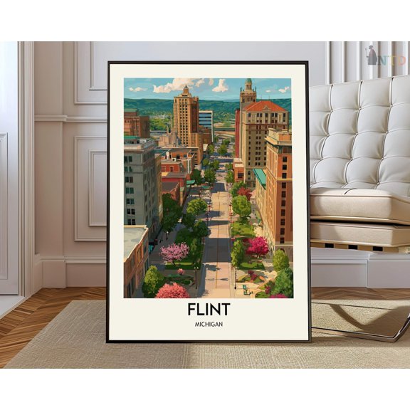 Flint Michigan City Map Poster, Stretched Canvas 8x10in