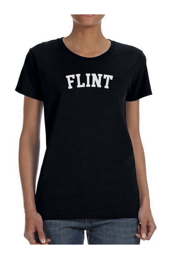 Flint White Text  Women Black T-Shirt, Female Medium