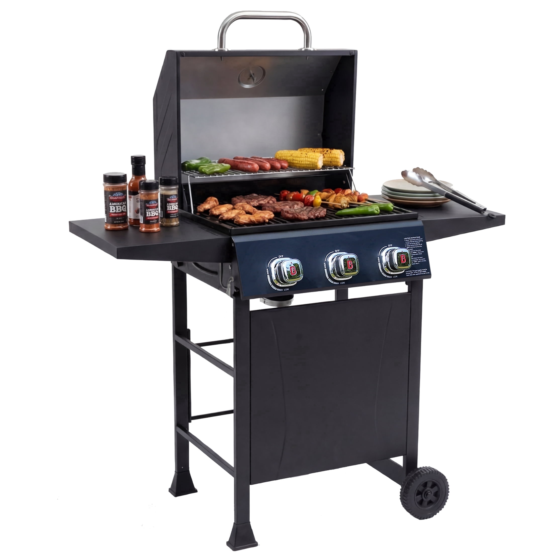 Flintex 3 Burner Propane Gas Grill, 27,000 BTU Outdoor BBQ Grill with Porcelain Coated Grates, Built-in Thermometer, Side Shelves& Wheels