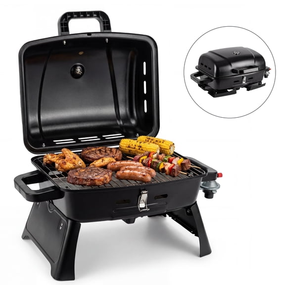 Flintex Portable Propane Gas BBQ Grill with Folding Legs & Locking Lid, Hassle-Free Setup Compact Tabletop Travel Grill for Camping, Tailgating & Patio