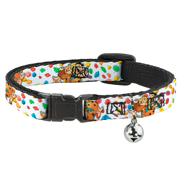 The Flintstones Breakaway Cat Collar With Bell, Plastic Clip, Easy Adjustable, Fruity Pebbles Fred and Barney Pose and Cereal Multi Color, 8.5 to 12 Inches 0.5 Inch Wide