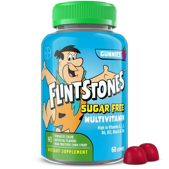 Flintstones Multivitamins for Kids, Sugar Free Kids Multivitamin Gummies, with Vitamins A, C, E, B6 & B12, Raspberry Flavored Gummy Vitamins, 60 Count