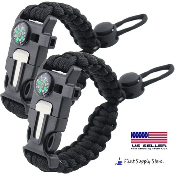 Flintsupplystore, 5 in 1 Adjustable Paracord Emergency Bracelet Fire Starter, Compass, Whistle, and More
