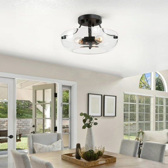 Flintun Modern Farmhouse Black 3-light Semi-flush Mount Drum Ceiling Lights Glass Shade Foyer Bedroom - W11"x H6.3"