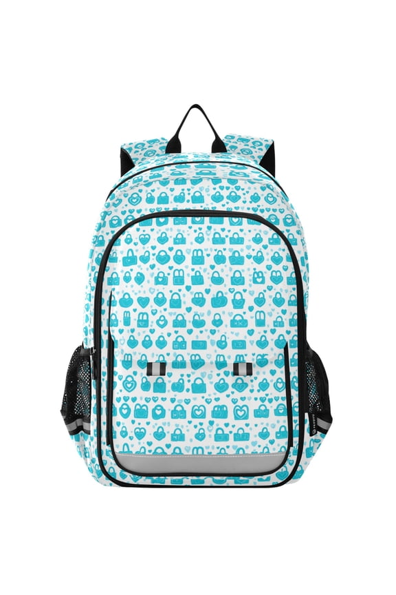 Flip Backpack Blue Lock and Heart Pattern Elementary School Backpack Lightweight Bookbag for School Travel