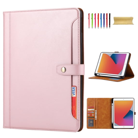 Flip Case for Apple iPad 10.2" 9th 8th 7th Generation 2021/2020/2019, Pencil Holder Smart Cover Auto Sleep Wake Protective Documents Pocket Stand Snap Closure Case for iPad 10.2 Inch, Rosegold