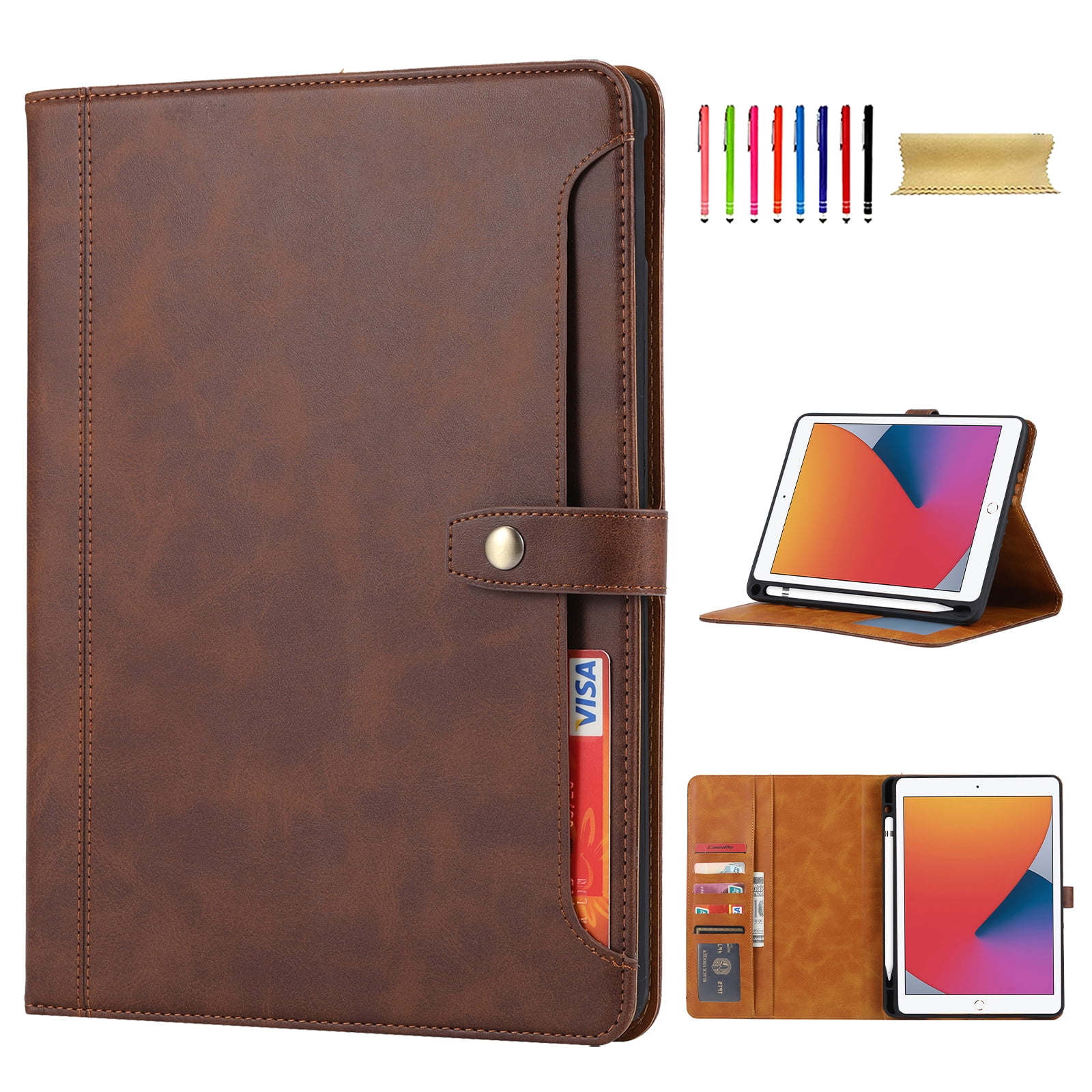 Flip Case for Apple iPad 10.2" 9th 8th 7th Generation 2021/2020/2019, Pencil Holder Smart Cover Auto Sleep Wake Protective Documents Pocket Stand Snap Closure Case for iPad 10.2 Inch, Coffee